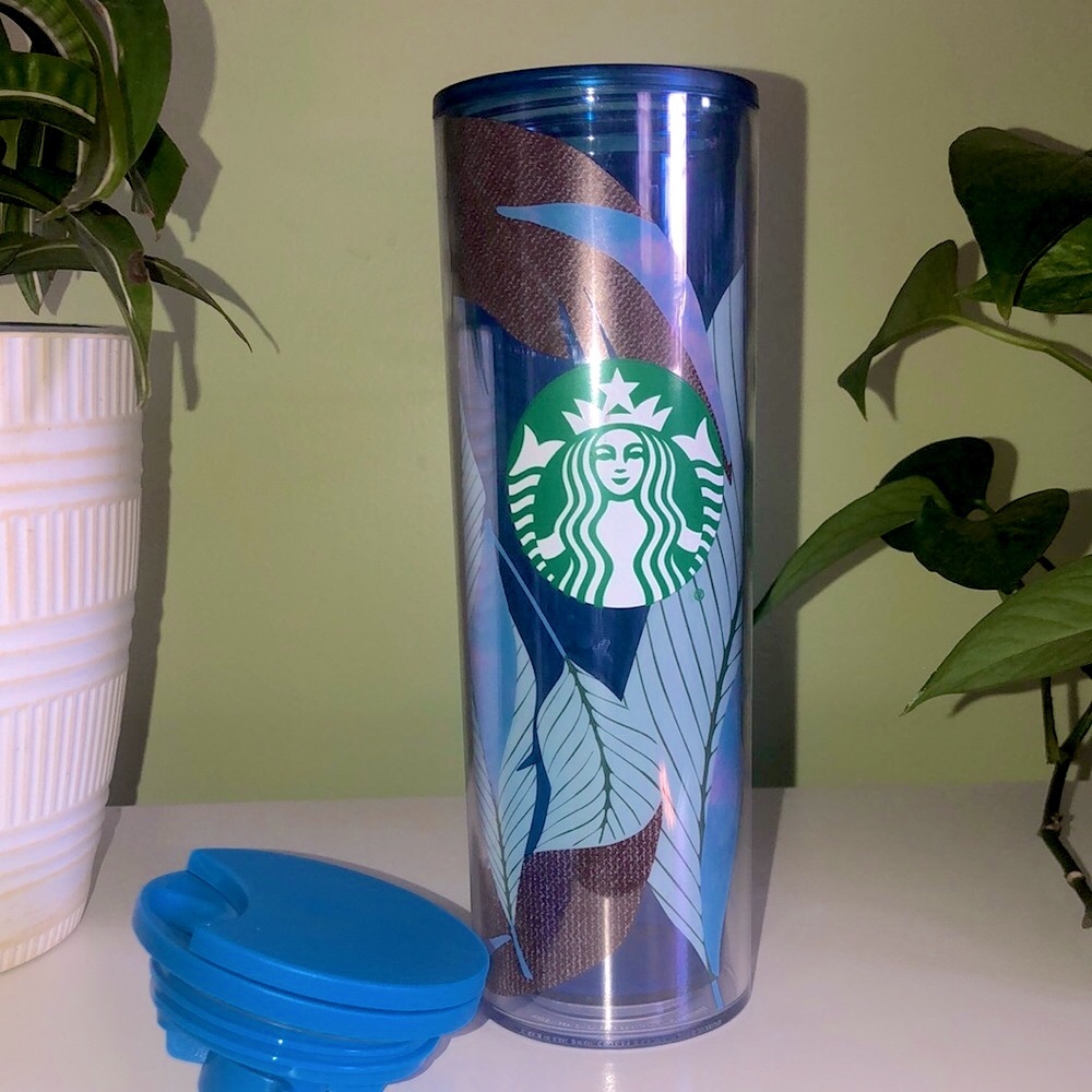 Starbucks Blue Tumbler with Leaf Design